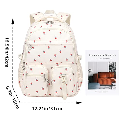 Girls Backpack Lightweight Bookbags for High School Laptop Backpack For College Women Big Student Daypack Casual (Strawberry-Beige) - color: Strawberry-beige