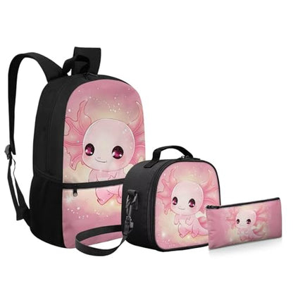 Axolotl Backpack School Bag for Kids Boys Girls 3PCS School Backpacks Bookbag with Insulated Lunch Bag with Pencil Case for Elementary School - color: Axolotl
