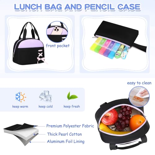 MOONBABY Girls Backpack with Lunch Box & Pencil Case for Kids Teens Bookbag for Elementary Primary Middle High School Daypack - color: Purple-3pcs