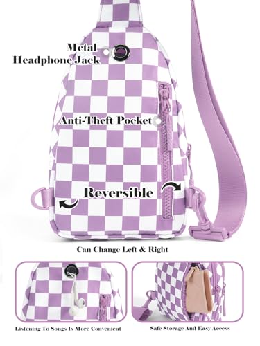 Checkered Sling Bag for Women Small Backpack Crossbody Chest Bag Fanny Packs Purses - color: Checkered Sling Bag - Light Purple
