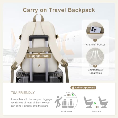 MOSISO Laptop Backpack for Women Men, 15.6 inch Computer Backpack Travel Hiking, Anti Theft Lightweight Backpacks, Personal Item Bag for Commute Weekender College Work Business, Beige&Khaki
