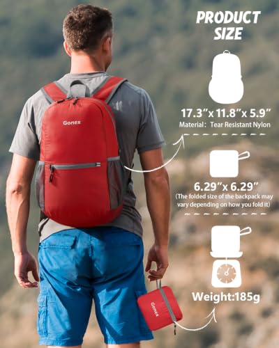 Gonex Packable Daypack Backpack 20L Lightweight Foldable Travel Bag - color: Red