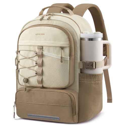 LOVEVOOK School Backpack for Teen Girls, Unique Style College Student Backpacks with Large Cup Holder, Cute Kid Bookbag with Pens Compartment, Large Capacity Back to School Backpack Fit 15.6'' Laptop - color: Khaki Beige, size: Medium