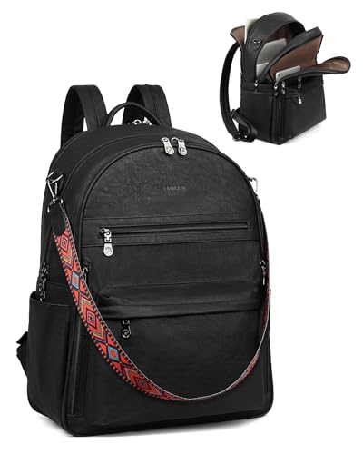 FADEON 15.6 Inch Laptop Backpack Purse for Women, Large Capacity | Vegan Leather Backpack with Padded Straps, Laptop & iPad Slots Fits 13", 14" & 15.6". Roomy for Daily, Work & Travel - color: Black Retro Style