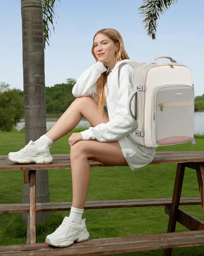 LOVEVOOK 40L Travel Backpack for Women & Men, Airline Approved Carry On Luggage with 3 Packing Cubes, TSA Overnight Bags, Waterproof Personal Item Bag, Weekender Essentials Backpacks fits 17" Laptop - color: Light Grey-beige-pink, size: Large