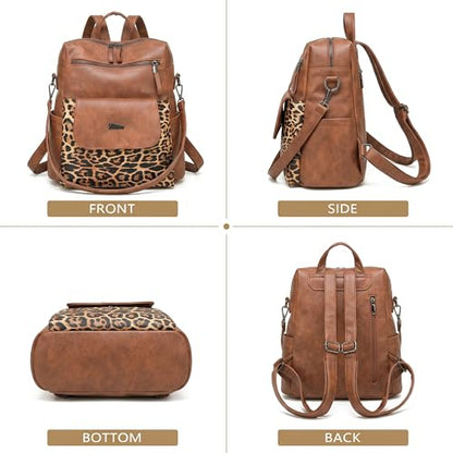 WYFJNX PU Leather Backpack Purse for Women Fashion Multipurpose Design Handbag Ladies Shoulder Bags Travel Backpack Brown with Leopard Print - color: Leopard