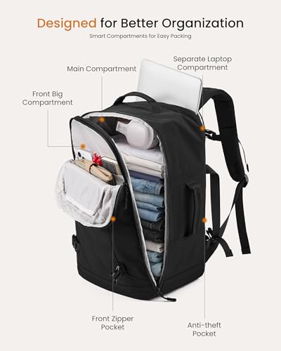 LOVEVOOK 50L Travel Backpack for Women & Men, Airline Approved Carry On Backpack with 3 Packing Cubes, TSA Personal Item Bag, Waterproof Weekender Overnight Backpack Fits 17" Laptop - color: Black, size: X-Large-50L-4Pcs