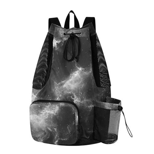 Drawstring Gym Swim Bag With Water Bottle Pocket Hiking Drawstring Backpack with Wet Dry Compartments Fog Black Mystery
