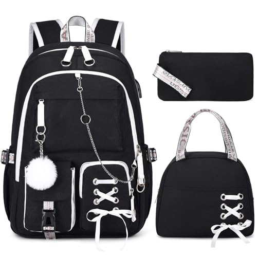 ACESAK Backpacks for Girls, Girls Backpack with Lunch Box and Pencil Case for Teen Kids Elementary Middle High School College Student, Children School Backpack Bookbag with USB Charging Port (Black) - color: Solid Black (With Chain)