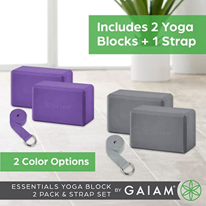 Gaiam Yoga Block - Supportive Latex-Free Eva Foam - Soft Non-Slip Surface with Beveled Edges for Yoga, Pilates, Meditation - color: Grey, style: 2 Blocks W/Strap