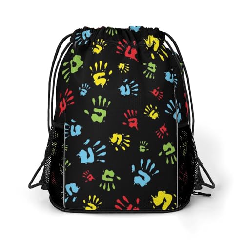 Hand Print Drawstring Backpack Gym Bag With Shoe Compartment String Bag Sport Beach Swimming Sackpack For Women Men - color: Hand Print