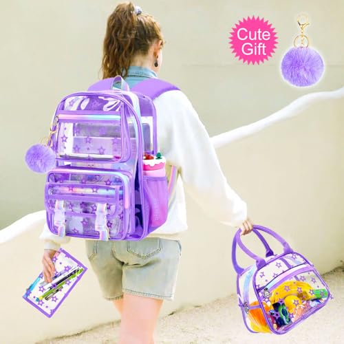KLFVB 3PCS Clear Bookbag Heavy Duty, Girls See Through School Bag Set, Cute Transparent Backpack for Women - Star Purple - color: Star Purple Clear Backpack