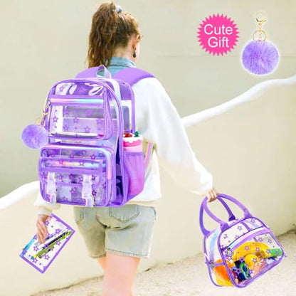 KLFVB 3PCS Clear Bookbag Heavy Duty, Girls See Through School Bag Set, Cute Transparent Backpack for Women - Star Purple - color: Star Purple Clear Backpack