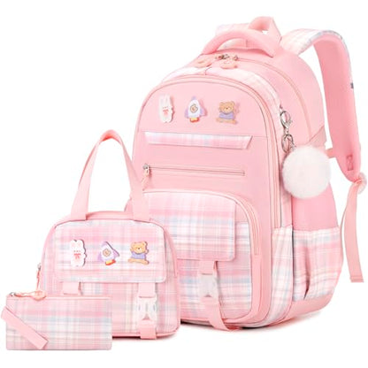 3PCS School Backpack for Girls, Girls Backpack with Lunch Box, Pencil Case, Cute Kawaii Plaid Book Bag for Teen Girl Kindergarten Elementary Preschool Middle High School, Pink - color: Pink