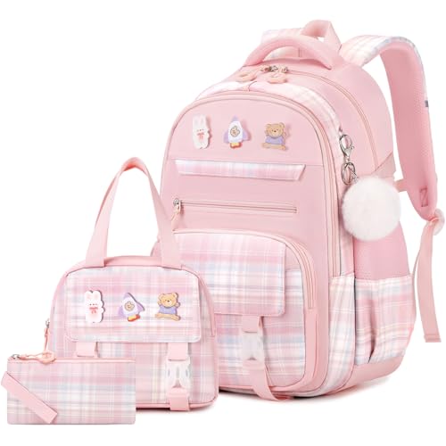 3PCS School Backpack for Girls, Girls Backpack with Lunch Box, Pencil Case, Cute Kawaii Plaid Book Bag for Teen Girl Kindergarten Elementary Preschool Middle High School, Pink - color: Pink