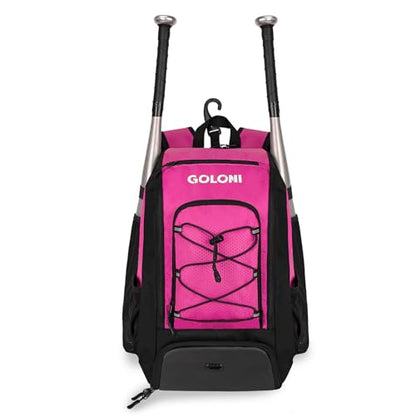 Goloni 40L Baseball Bag, Softball Bat Bag with Shoes Compartment,Fence Hook,Backpack for Baseball, T-Ball & Softball Equipment & Gear - color: Rose Red