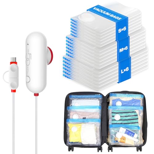 VMstr Vacuum Seal Bags for Clothing Travel, Vacuum Storage Bags with USB Electric Pump, Compression Space Saver for Luggage Suitcase 18 Combo Bags + USB Pump - style: 18 combo bags + USB pump