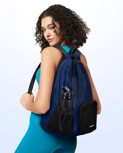 WANDF Swim Bag for Swimmers, Mesh Beach Backpack - color: Navy Blue With 2 Front Pockets, size: Large