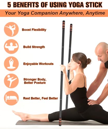 5ft Yoga Stick – Heavy-Duty Steel Adjustable Stretching Bar for Mobility, Flexibility & Balance. Multi-Functional Fitness Pole with 4 Steel Rods & Comfort Foam Grips - color: Black