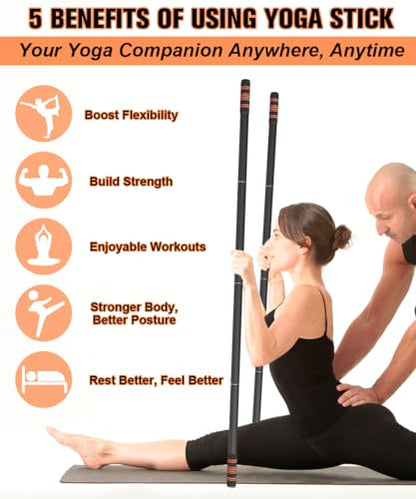 5ft Yoga Stick – Heavy-Duty Steel Adjustable Stretching Bar for Mobility, Flexibility & Balance. Multi-Functional Fitness Pole with 4 Steel Rods & Comfort Foam Grips - color: Black