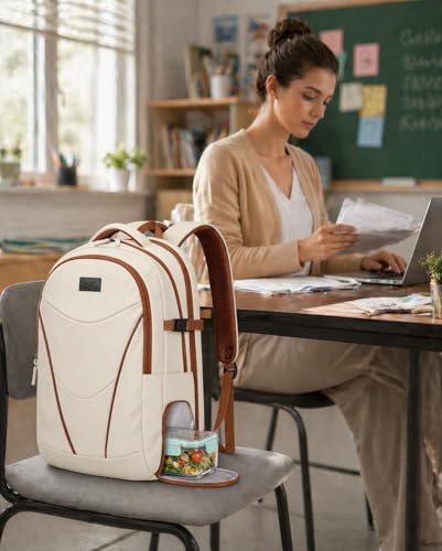 MATEIN HER Teacher Backpack, Computer Backpack for Women Fits 17.3'' Laptop | Water Bottle Holder, Water Resistant, Anti Theft, with Lunch Compartment, Office Travel Commute, Laptop Bookbag for College - color: Beige