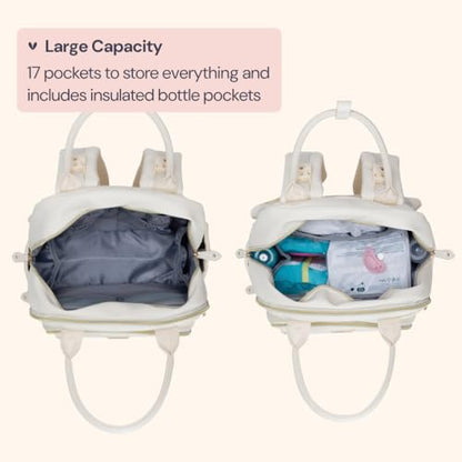 BabbleRoo Leather Diaper Bag Backpack - Baby Essentials Travel Baby Bag, Multi function, Water Resistant, with Changing Pad, Stroller Straps & Pacifier Case – Unisex, Eggshell White - color: Vegan Leather Eggshell White, size: Large
