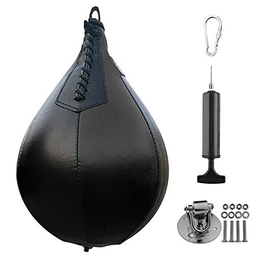 Punching Bag Boxing Speed Bag Swivel Set with Black Leather Ball & Pump - Professional Speed Ball Muay Thai Exercise Equipment Kit (Black)