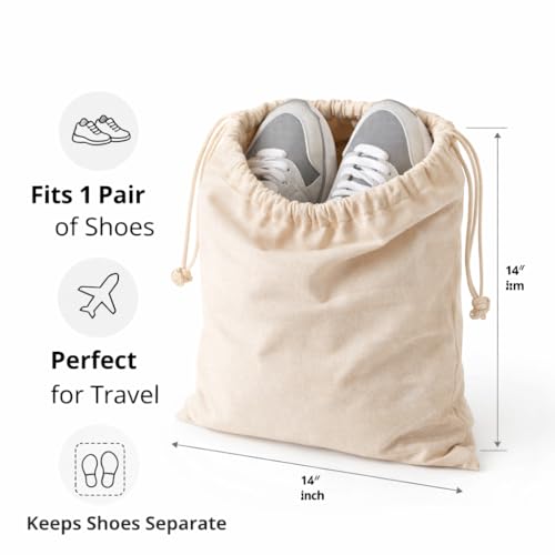 Cotton Shoe Bags with Drawstring | Dustproof, Washable Travel Shoe Pouch | Natural Canvas Organizer for Men & Women | Fits Sneakers, Sandals, Slippers | 14” x 17” (Pack of 3) - color: Cotton, style: Pack 3