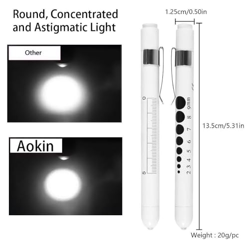 Aokin Medical Pen Light for Nurse Doctor, Reusable LED Medical Penlight Flashlight with Pupil Gauge and Ruler, White Light, White - color: White