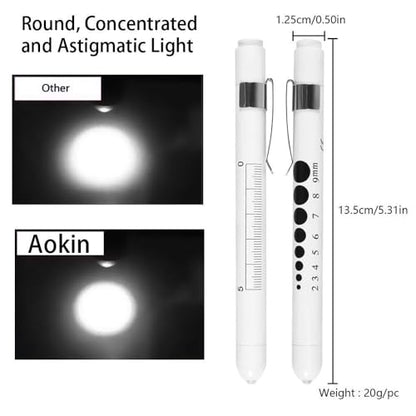 Aokin Medical Pen Light for Nurse Doctor, Reusable LED Medical Penlight Flashlight with Pupil Gauge and Ruler, White Light, White - color: White