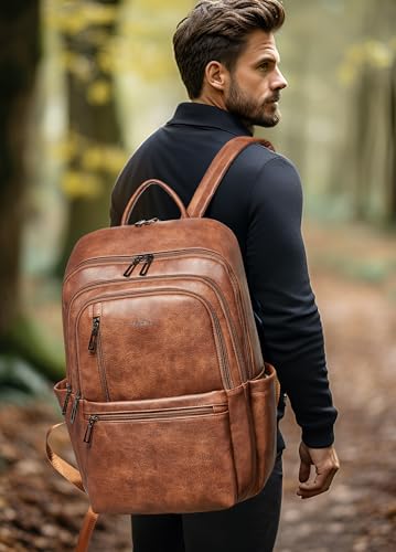 Shrrie 17 inch Leather Laptop Backpack for Women, Large Travel Backpack with 6 Compartments, Vegan Leather Computer backpack purse for WORK Casual Daypack College - color: Brown