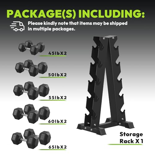 HANDBODE Rubber Coated Hex Dumbbell Set with A-Frame Rack, 100 lb - 600 lb Multiple Options Weight, Hexagon Non-Rolling Shape, Ergonomic Knurled Handle, Home Gym Equipment for Strength Training - style: 550 lb (45, 50, 55, 60, 65 lb) X 2 & Rack