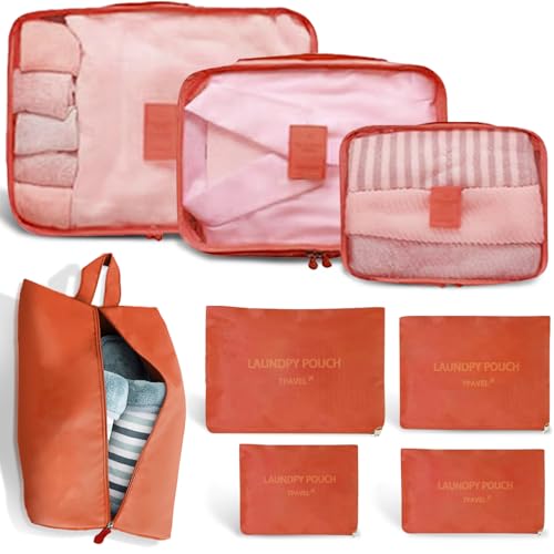8 Set Packing Cubes for Travel Luggage Packing Bags Reusable Waterproof Suitcase Organizer Cubes Set with Shoe Bag and Toiletry Bag (Orange) - color: Orange
