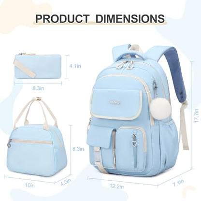 DIGOBAY Backpacks for Girls, 3PCS School Backpack with Lunch Box Pencil Pouch for Teen Girls Kids Elementary Primary Middle High College Travel School bag Bookbag Set （Blue） - color: Blue