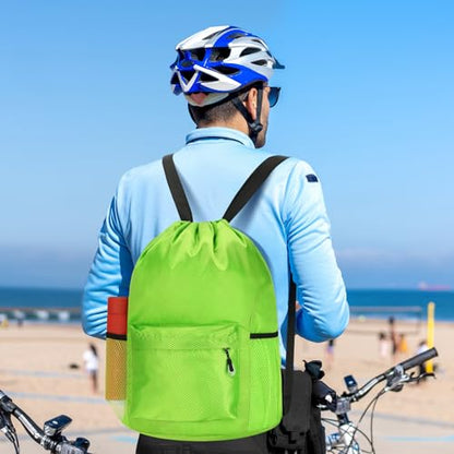 Waterproof Drawstring Bag, Lightweight String Backpack with Water Bottle Holder and Pockets, Gym Sports Cinch Sackpack (Green) - color: Green