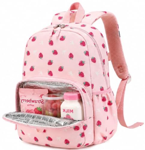 BTOOP Kids Backpack, Girls Backpack 4-6-Preschool Kindergarten School Bookbag with Insulated Lunch Compartment & Chest Strap, Pink-Strawberry Backpacks - color: Pink-strawberry, size: Age 3-6 (14.5" H Fit Folder)