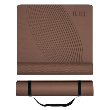 ILILI Yoga Mat, TPE Exercise Mat, Tear-Resistant, Fitness Yoga Mat with Carrying Strap, 72''x25''×0.3''(8mm), Ideal for Yoga, Pilates, Home Workouts, Stretching & All Fitness Routines - color: brown
