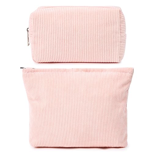 SOIDRAM 2 Pieces Makeup Bag Large Corduroy Cosmetic Bag Capacity Canvas Mix Travel Toiletry Bag Organizer Cute Makeup Brushes Aesthetic Accessories Storage Bag for Women, Corduroy Mix Pink - color: Corduroy Pink