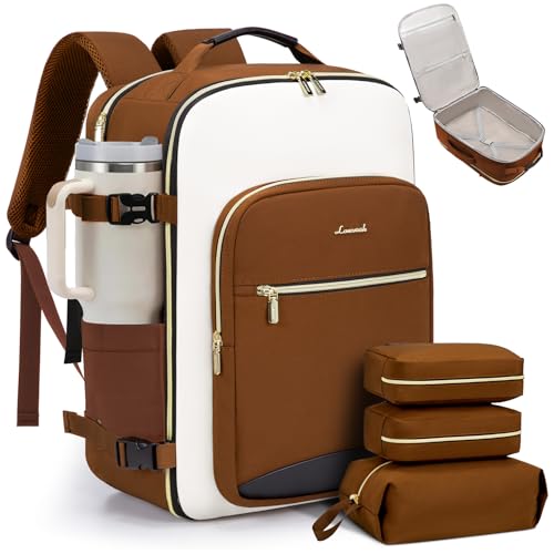 LOVEVOOK 50L Travel Backpack for Women & Men, Airline Approved Carry On Luggage with 3 Packing Cubes, TSA Overnight Bags, Waterproof Personal Item Bag, Weekender Essentials Backpacks fits 17" Laptop - color: Brown-beige-black, size: X-Large