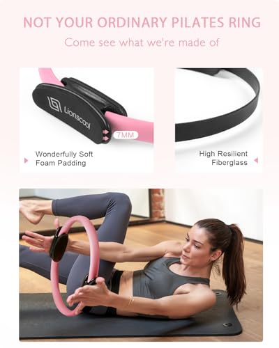 LIONSCOOL Pilates Ring Set – 14" Anti-Deformation Magic Circle with Padded Handles, Mini Ball, Resistance Bands, Guide & Bag - color: Pink Pro