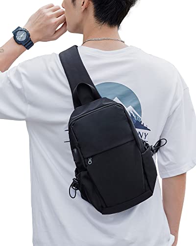 SEAFEW Small Black Sling Crossbody Backpack Shoulder Bag for Men Women, Lightweight One Strap Back Pack Sling Bag Backpack for Hiking Walking Biking Travel Cycling USB Charger Port-Nylon - color: Black-small
