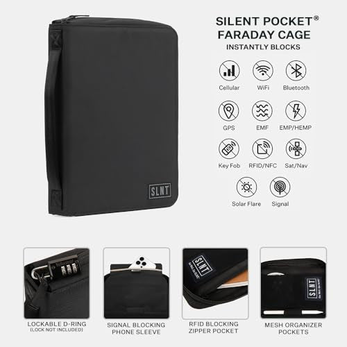 SLNT Essentials Tech Organizer with Faraday Phone Sleeve & RFID-blocking Pocket - Signal-shielding Storage Case for Phone & Accessories, Passport, Credit Cards - Lockable D-ring, Water-resistant - style: Phone Organizer