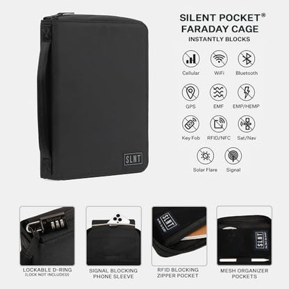 SLNT Essentials Tech Organizer with Faraday Phone Sleeve & RFID-blocking Pocket - Signal-shielding Storage Case for Phone & Accessories, Passport, Credit Cards - Lockable D-ring, Water-resistant - style: Phone Organizer