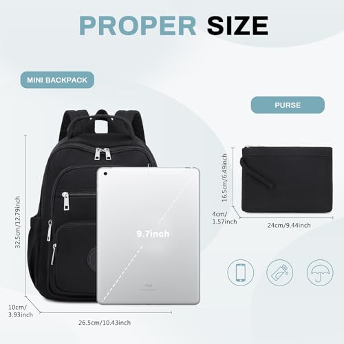 Sisipoet Mini Backpack for Women, 2pcs Small Backpack for Ladies Bookbag Purse for Women with Handy Wallet and Luggage Strap, Black - color: Black