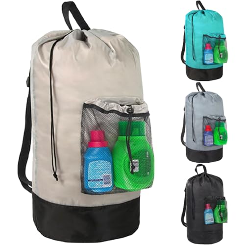 Laundry Bag Backpack with Shoulder Straps and Mesh Pocket Laundry Backpack Large Portable Laundry Hamper for College Laundromat Apartment with Drawstring Closure, Adjustable Back Straps (Khaki) - color: Khaki
