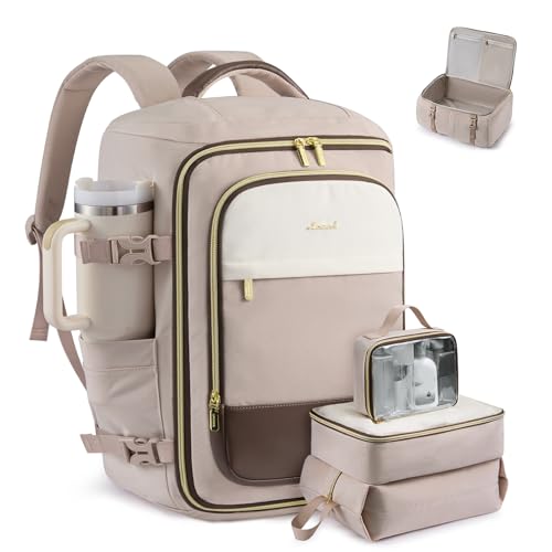 LOVEVOOK 40L Travel Backpack Carry on Flight Approved, Personal Item Bag with 3 Packing Cubes, Travel Backpack for Women Fits 17" Laptop, Water-resistant Carry On Bag for Airplanes - color: Pink & Khaki, size: 40L-4PCS