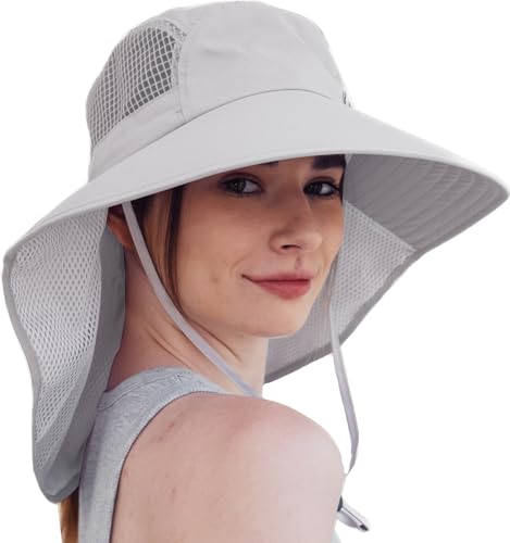 UV Sun Protection Hat Women Foldable Neck Flap Wide Brim Fishing Hat with Ponytail Hole for Women - color: Light-gray