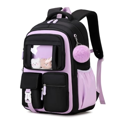 PIG PIG GIRL Kids Backpack for Girls School Bags for Middle School Students Book Bag for Elementary Primary Kawaii Ita Backpack, Black and Purple - color: Black and Purple