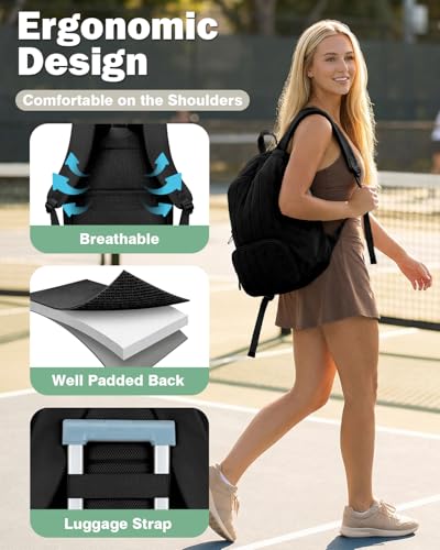Pickleball Bag, Pickleball Backpack with Shoe Compartment and Paddle Slots, Large Sports Gym Backpack with Wet Pocket - color: Black