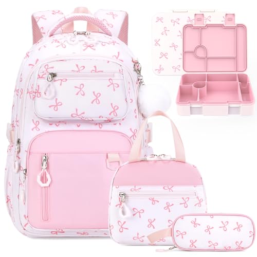 Bevalsa Backpack for Girls, Bow School Bookbag Teen Girls Backpack Set with Bento Lunch Box, Insulated Bag & Pencial Case, 43oz Lunch Containers for Kids Elementary Middle Student (Pink Bow) - color: Pink Bow